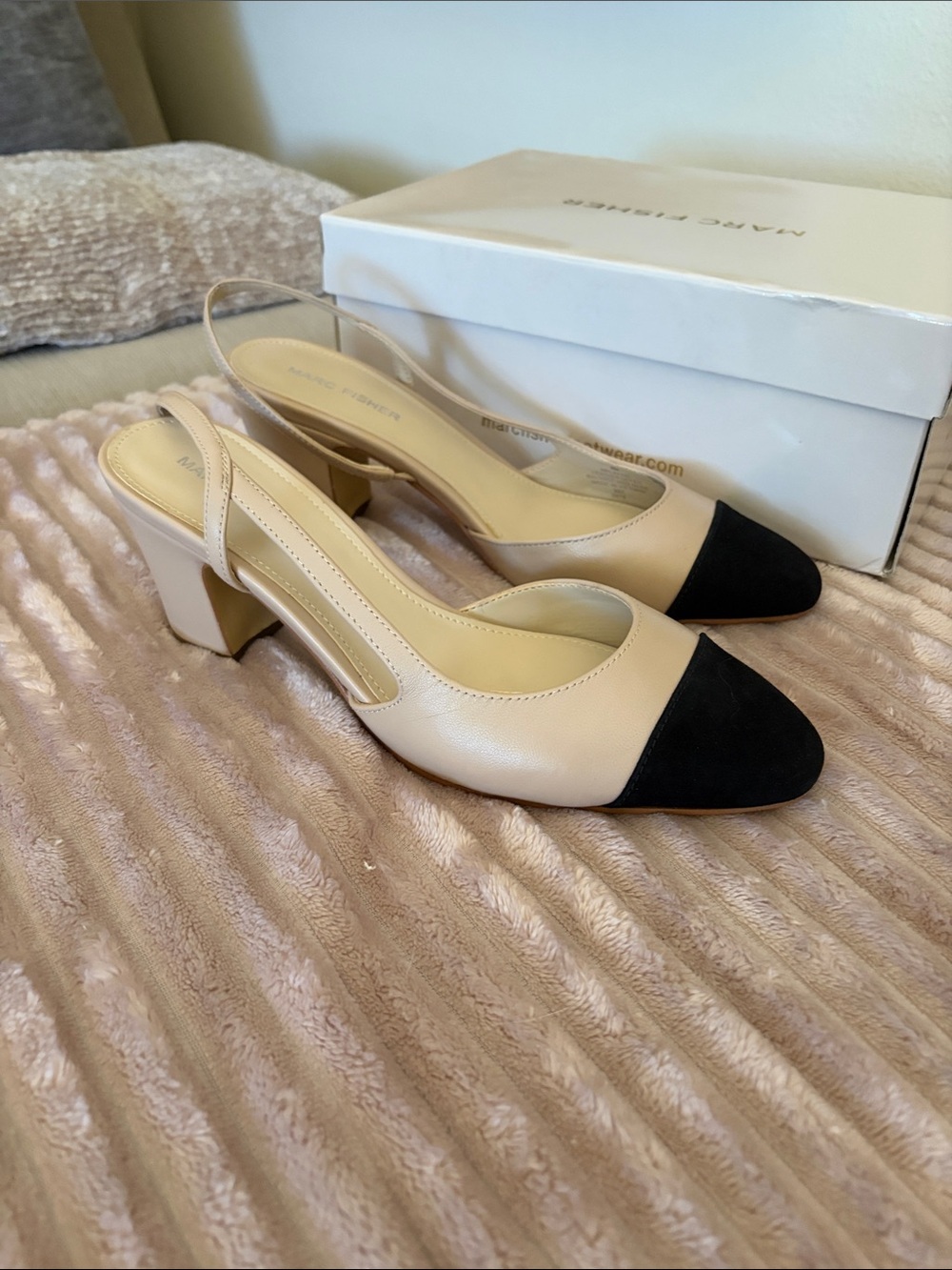 Marc Fisher Two-Tone Beige Slingback Pumps with Black Cap Toe